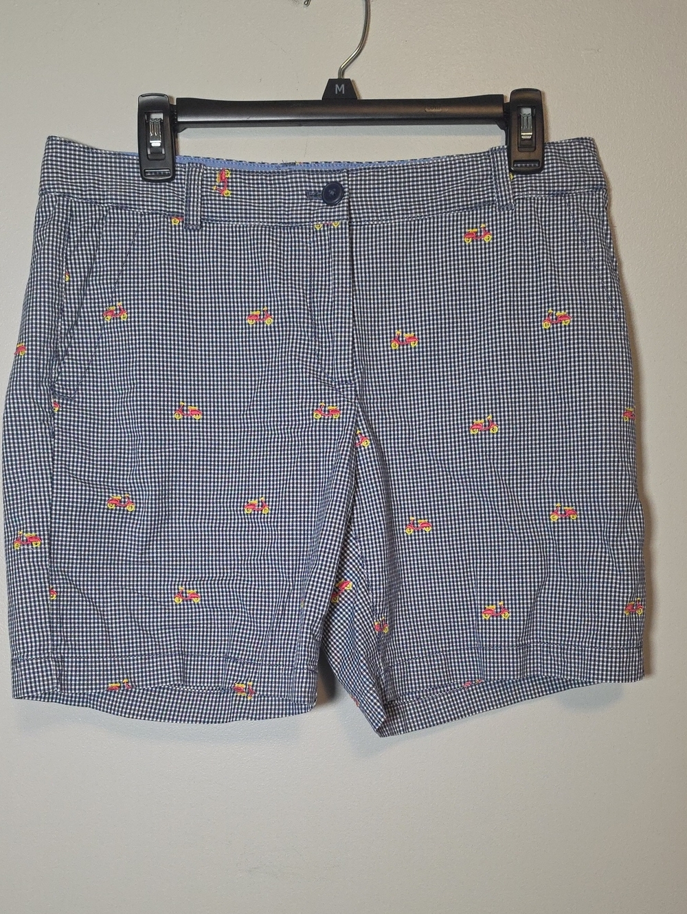 Talbots Navy Gingham Bermuda Shorts with Tiny Multicolor Embroidery